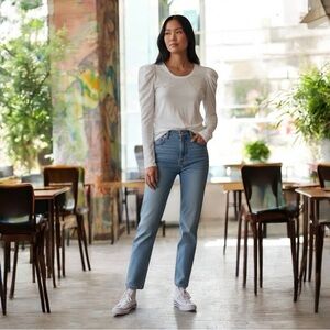 Goldie White Pima Cotton Long Sleeve Tee XS Puff Shoulder